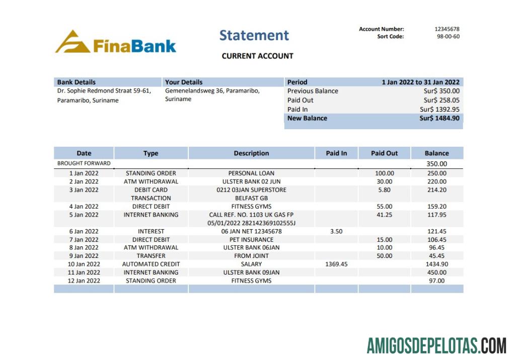 Exemplo de extrato do Suriname Finabank
